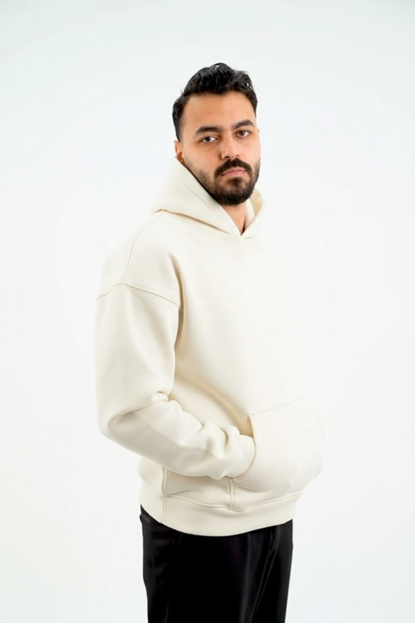 Off-white hoodie with black pants